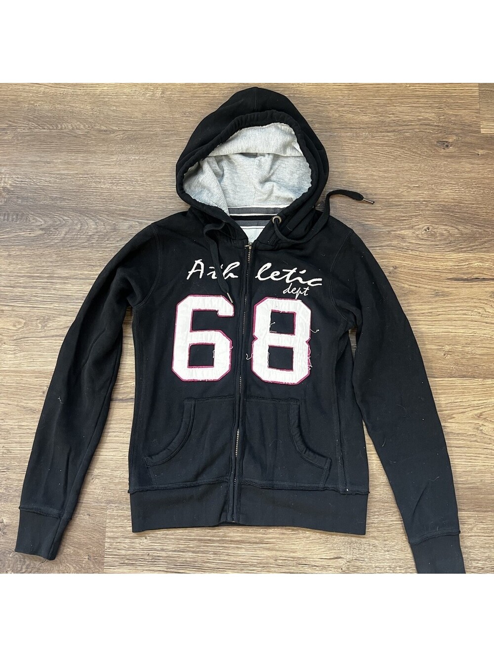 Y2K Womens Zip Up Hoodie Black Athletic Dept 68 Distressed Patch Waffle Lined S
